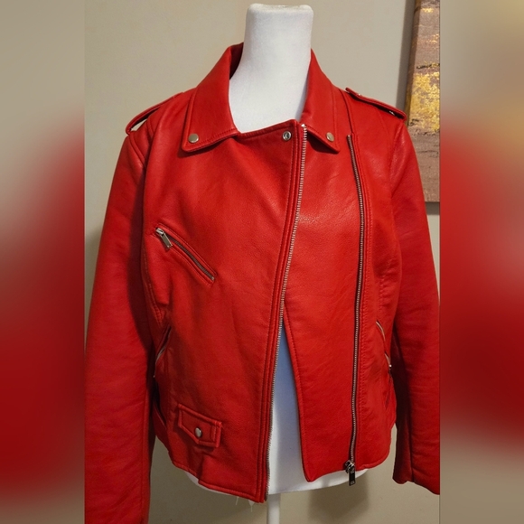 ZARA TRAFALUC Red Moto faux leather jacket. Size XL - Picture 10 of 16